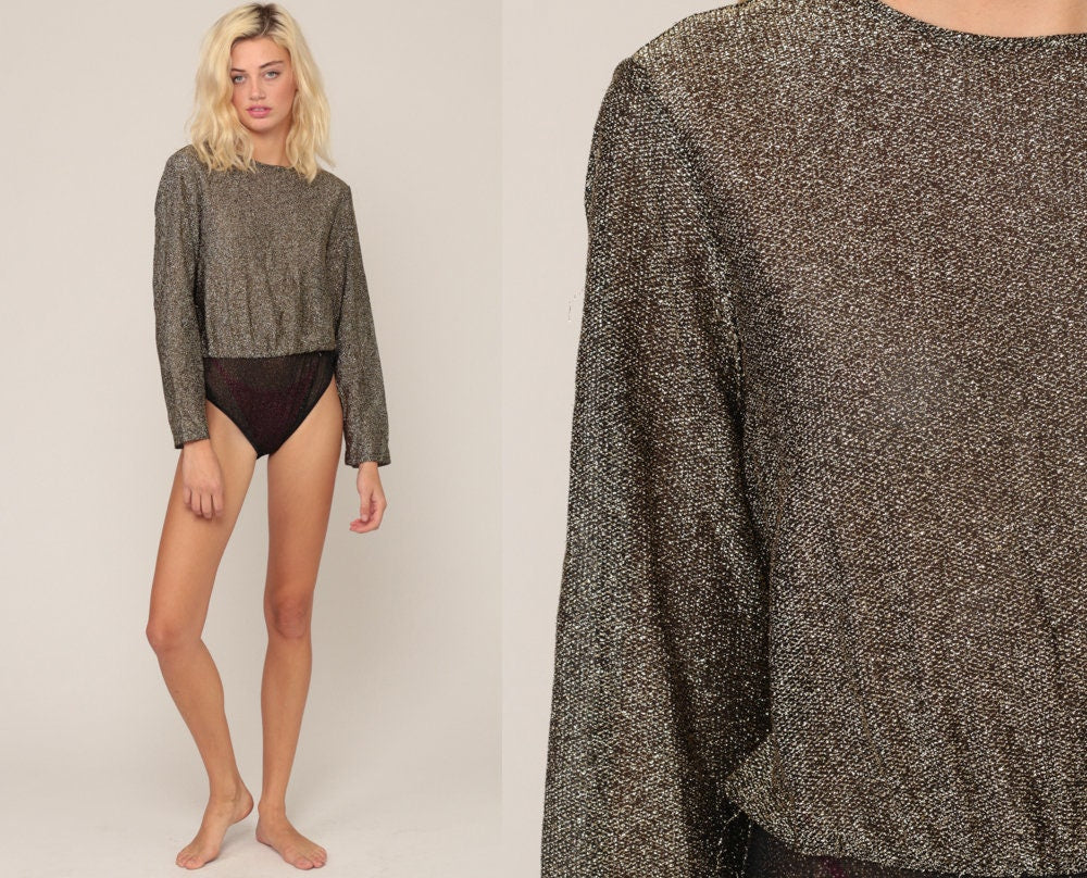 80s Metallic Gold Bodysuit Long Sleeve Blouson Leotard Medium