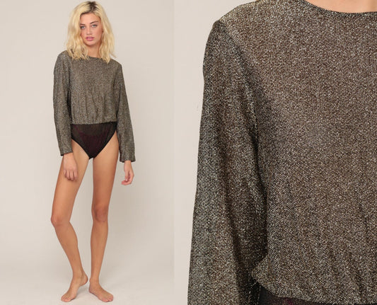 80s Metallic Gold Bodysuit Long Sleeve Blouson Leotard Medium