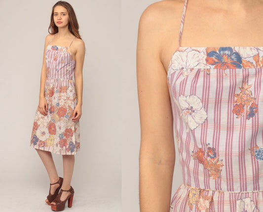 70s Floral Midi Sundress Criss Cross Open Back High Waist Cotton Extra Small