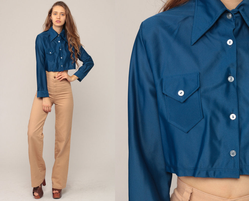70s Blue Crop Top Long Sleeve Button Up Shirt Medium