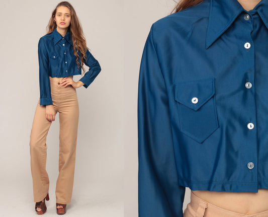70s Blue Crop Top Long Sleeve Button Up Shirt Medium