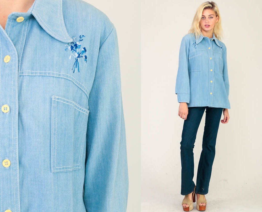 70s Blue Denim Shirt Embroidered Bee Floral Button Up Long Sleeve Medium Large