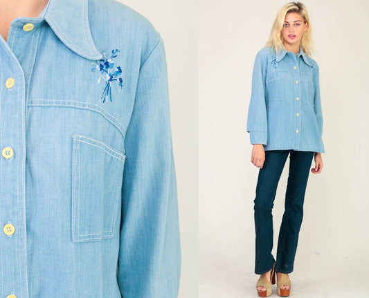 70s Blue Denim Shirt Embroidered Bee Floral Button Up Long Sleeve Medium Large