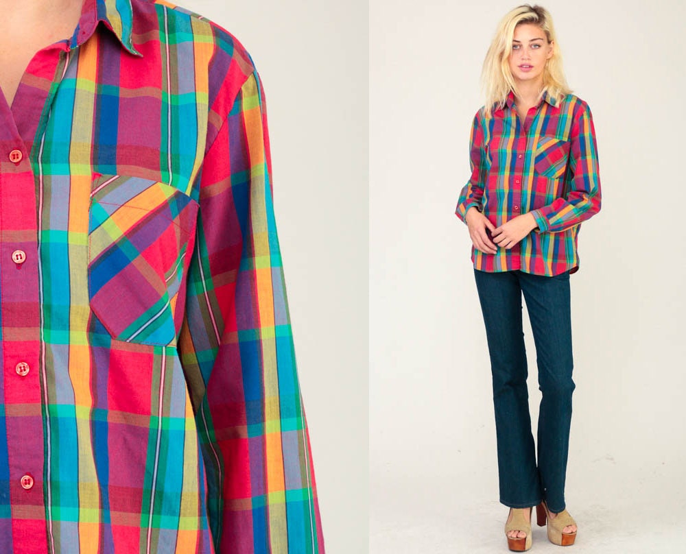 80s Diane Von Furstenberg Plaid Button-Up Blouse Multicolour Cotton Large