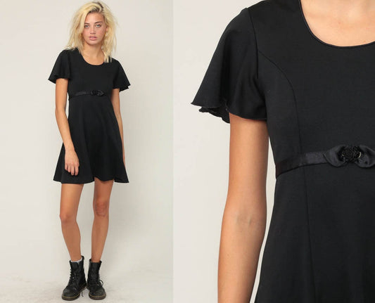 80s Black Mini Dress Flutter Sleeve Shift Rosette Waist Extra Small XS