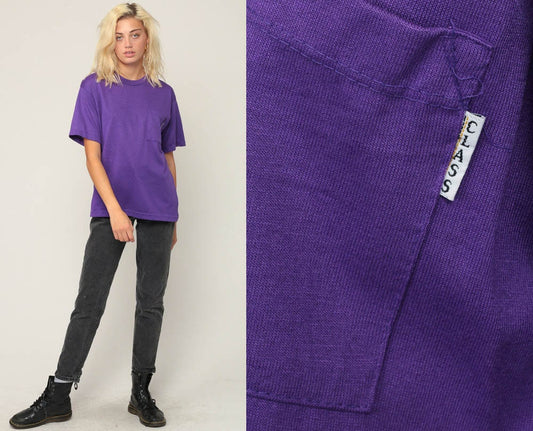 80s Purple T-Shirt Pocket Tee Cotton Blend Women's Small