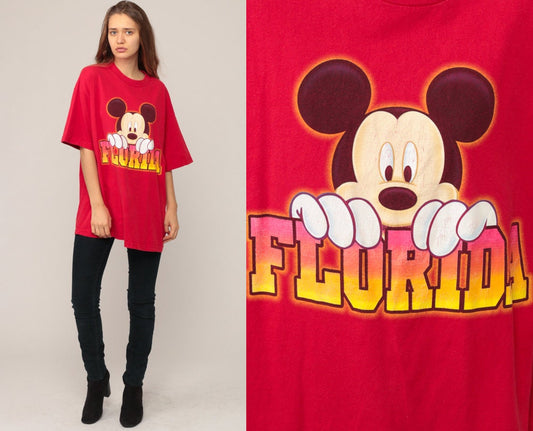 90s Mickey Mouse Florida Graphic T-Shirt Disney Unisex Red Extra Large
