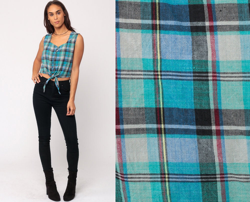 90s Plaid Cotton Crop Top Sleeveless Button-Up Blouse Tie Waist Blue Medium Large