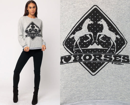80s I Heart Horses Graphic Sweatshirt Grey Unisex Crewneck Medium
