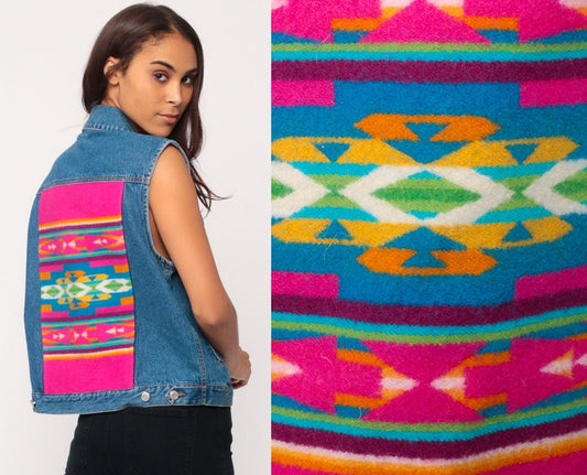 90s Pendleton Denim Vest Southwestern Wool Print Blue Jean Top Medium