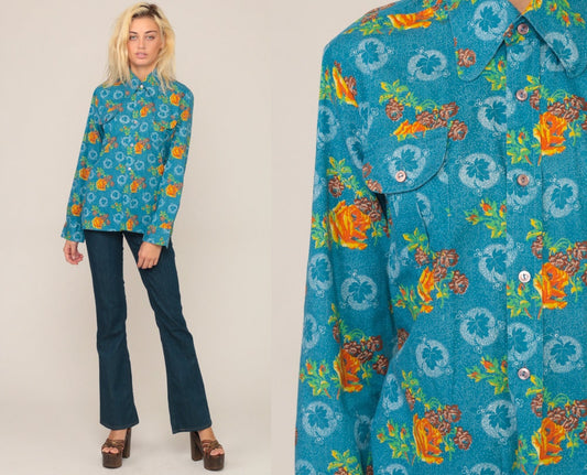 70s Blue Floral Button-Up Blouse Long Sleeve Pointed Collar Medium
