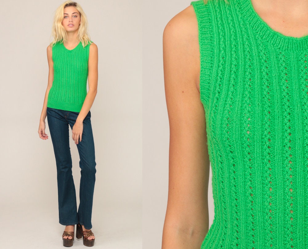 70s Neon Green Open Weave Knit Sweater Vest Sleeveless Tank Extra Small