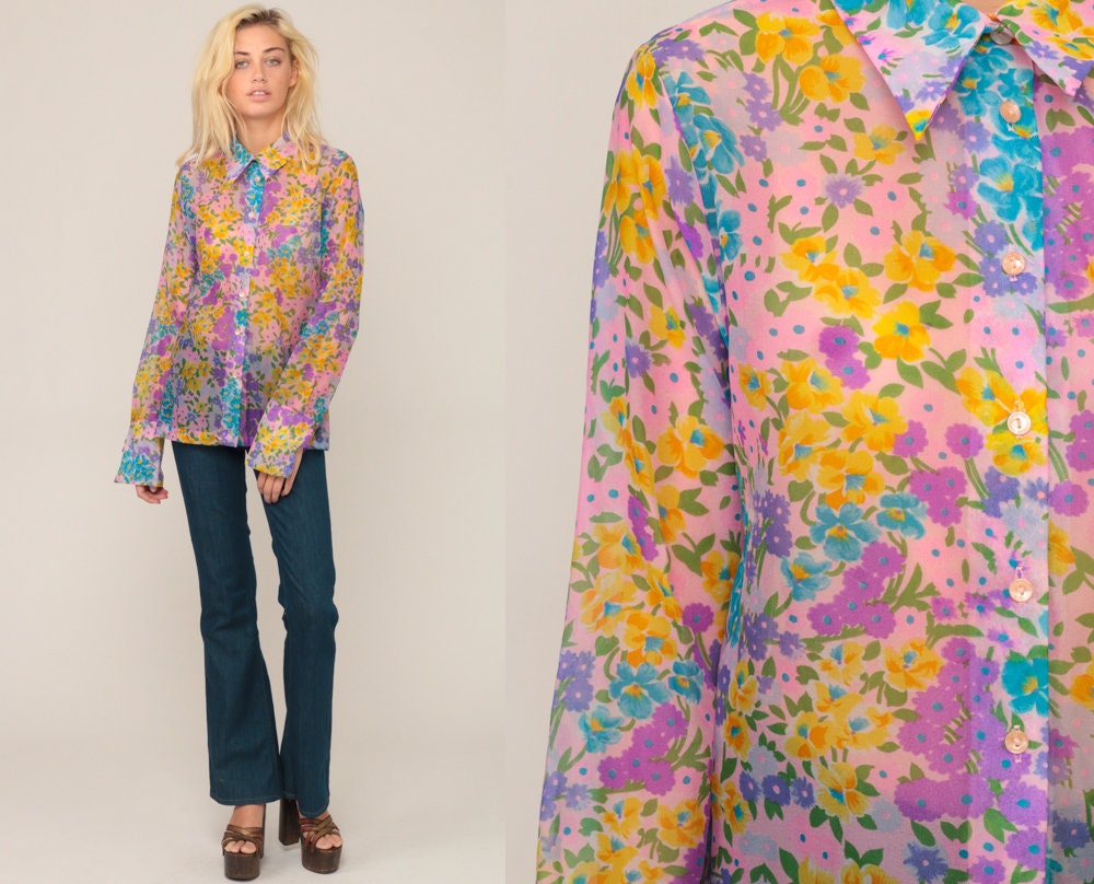 70s Floral Sheer Button-Up Blouse Purple Pink Blue Long Sleeve Medium Large