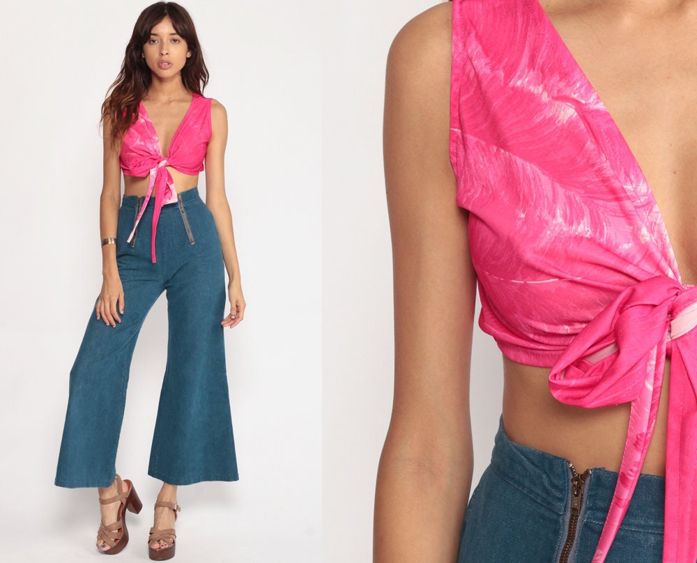 70s Hot Pink Crop Top Deep V Neck Sleeveless Tie Waist Blouse Medium Large