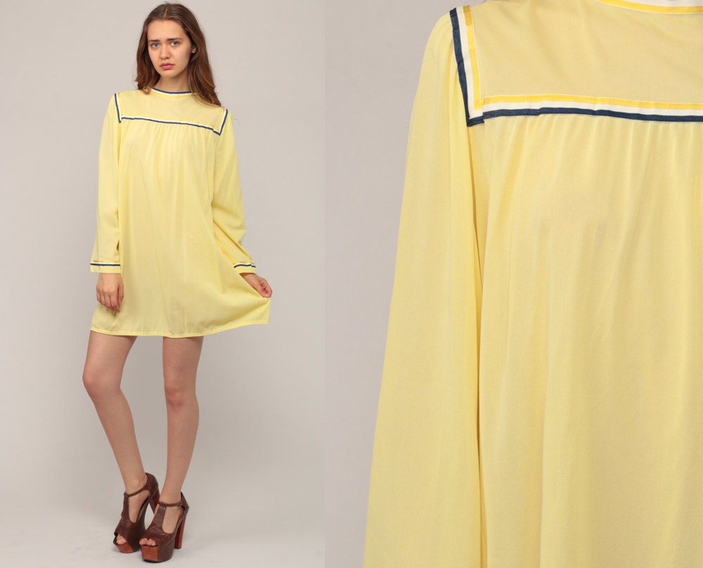 70s Yellow Nightgown Bell Sleeve Tent Cut Nylon Slip Dress Large