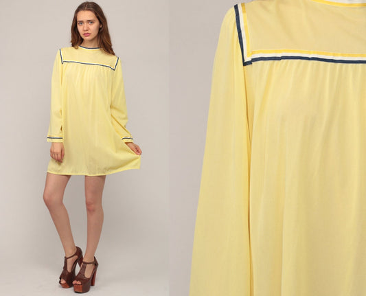 70s Yellow Nightgown Bell Sleeve Tent Cut Nylon Slip Dress Large