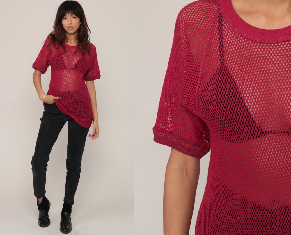 80s Burgundy Mesh Raglan Jersey Shirt Sheer Cotton Tee Medium Large