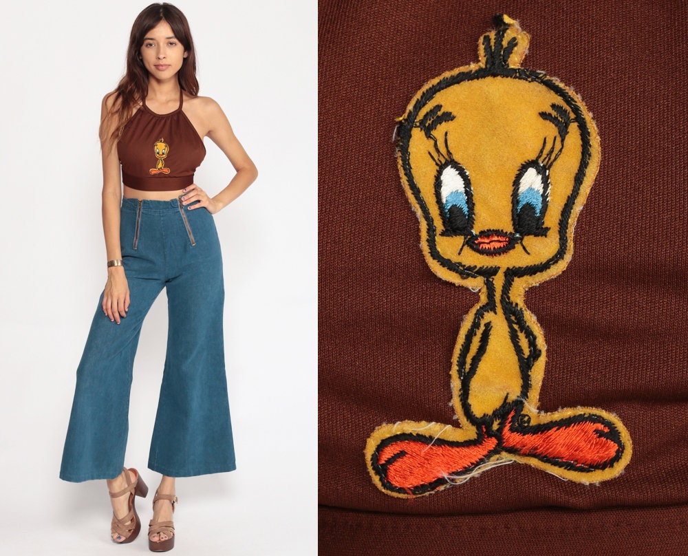 70s Tweety Bird Halter Crop Top Brown Backless Tank Extra Small