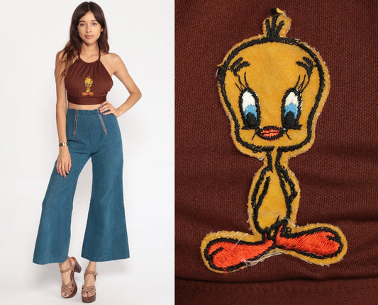 70s Tweety Bird Halter Crop Top Brown Backless Tank Extra Small