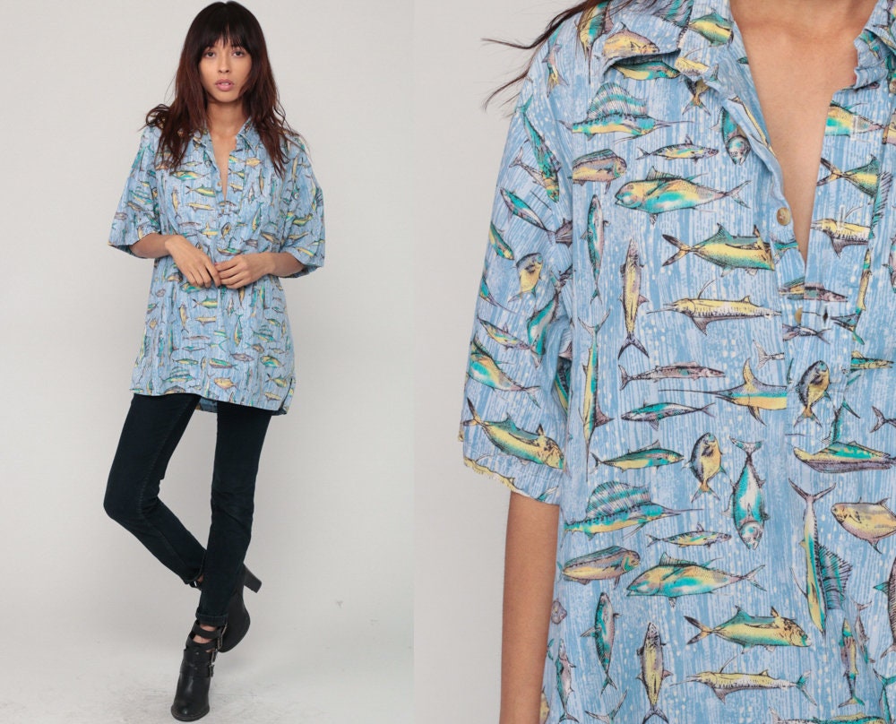 90s Fish Print Button Up Shirt Unisex Beach Novelty Blue Extra Large