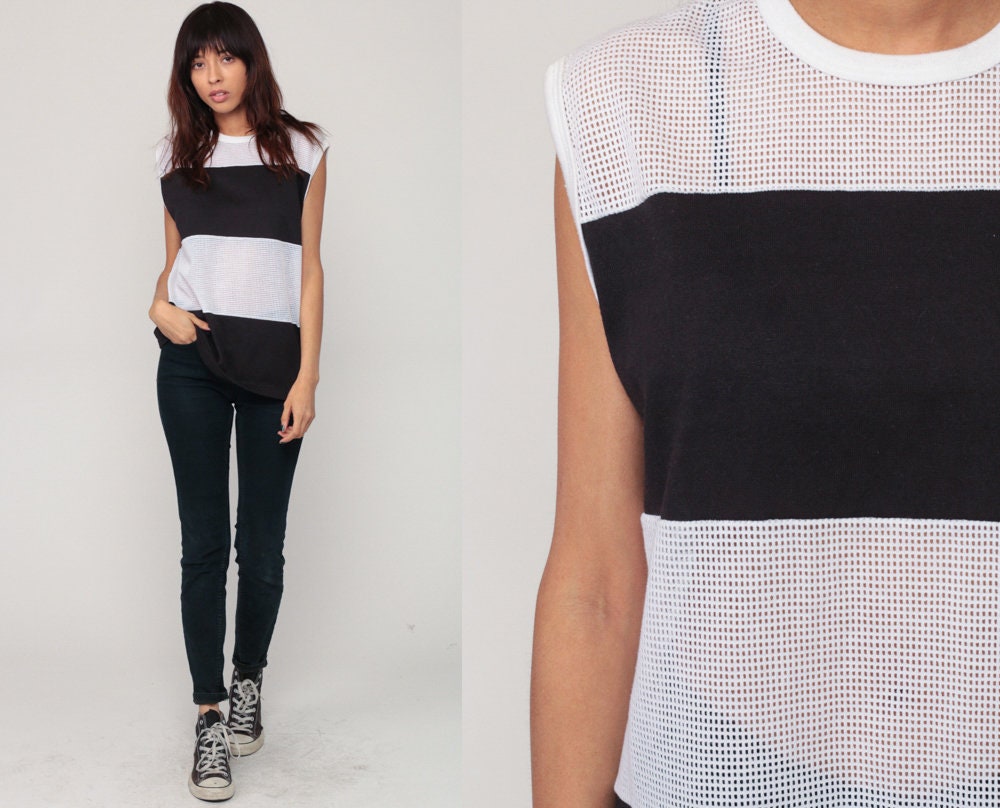 80s Mesh Tank Top Sheer Striped Black White Sleeveless Extra Large