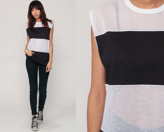 80s Mesh Tank Top Sheer Striped Black White Sleeveless Extra Large
