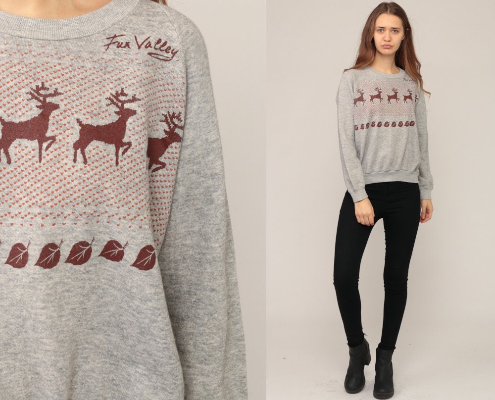 80s Deer Graphic Sweatshirt Unisex Pullover Cotton Blend Medium