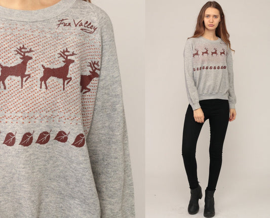 80s Deer Graphic Sweatshirt Unisex Pullover Cotton Blend Medium