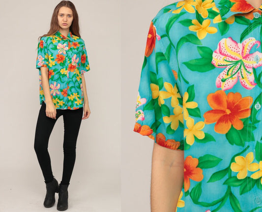 80s Hawaiian Floral Shirt Turquoise Button-Up Blouse Shoulder Pads Medium