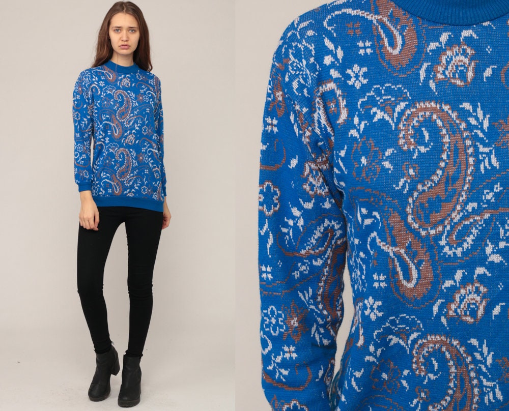 70s Paisley Print Pullover Sweater Blue Small