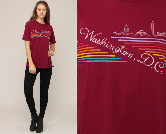 80s Washington DC Skyline Graphic T-Shirt Burgundy Rainbow Stripe Large
