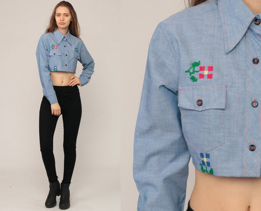 70s Blue Chambray Shirt Floral Embroidered Crop Top Long Sleeve Small