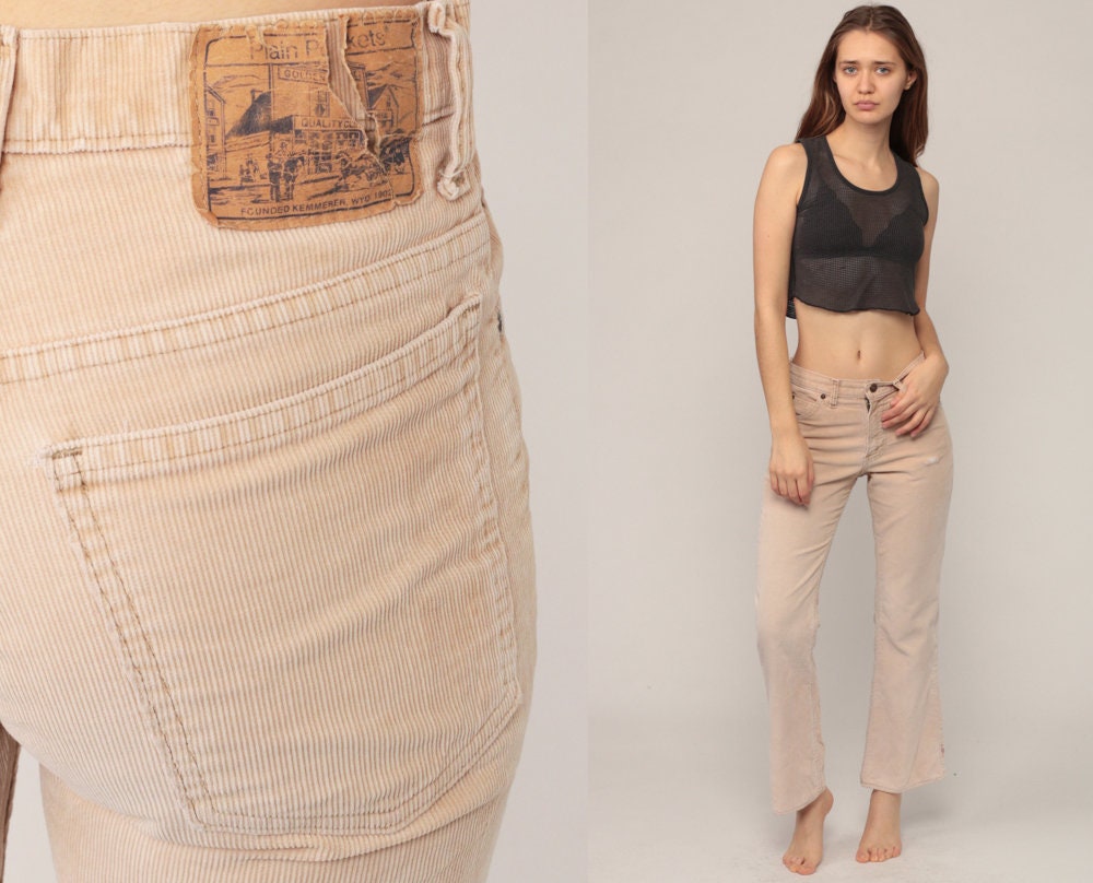 70s Plain Pockets Corduroy Bell Bottom Trousers Tan High Waist Small
