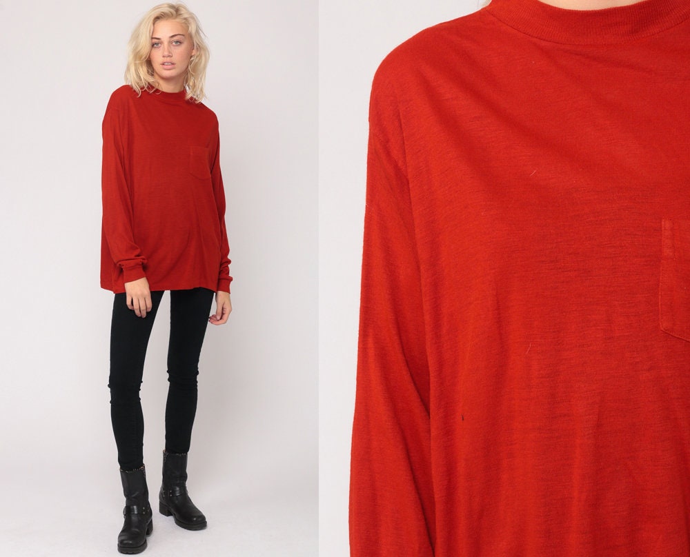 80s Orange-Red Burnout Long Sleeve T-Shirt Pocket Tee Large