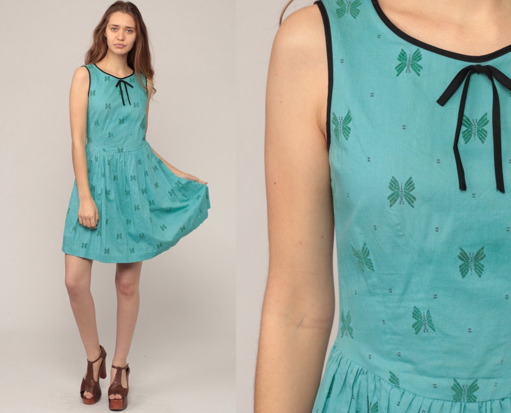 60s Butterfly Print Turquoise Mini Dress Cotton Sleeveless High Waist Small