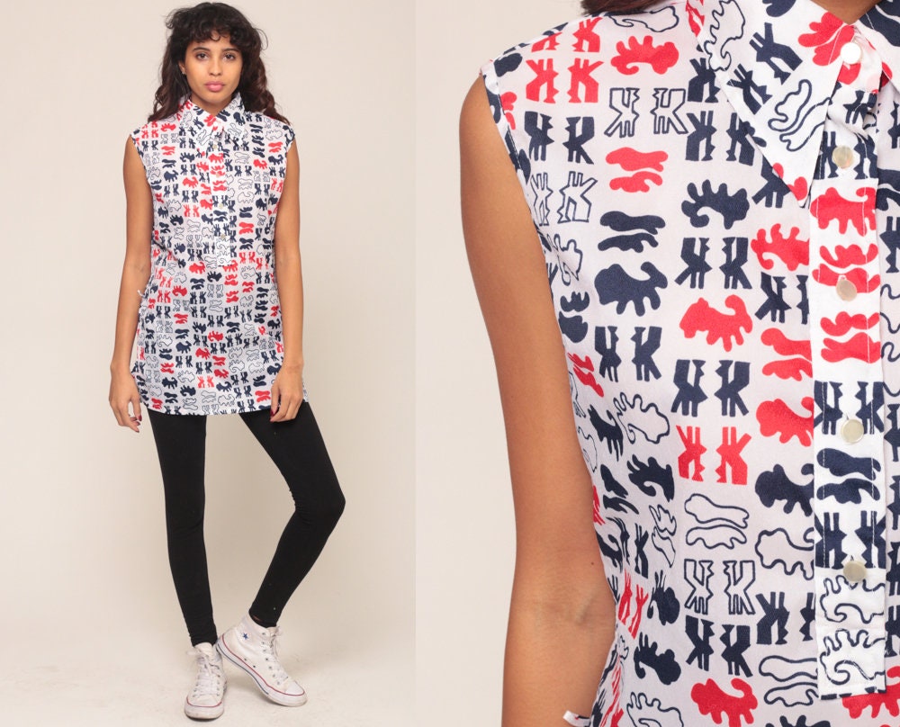 70s Abstract Print Sleeveless Blouse Button-Up Collar Red White Blue Medium