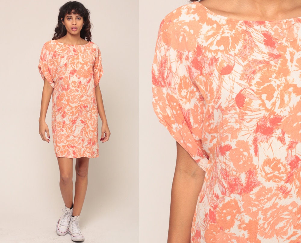 90s Orange Floral Print T-Shirt Dress Micro Mini Tunic Medium