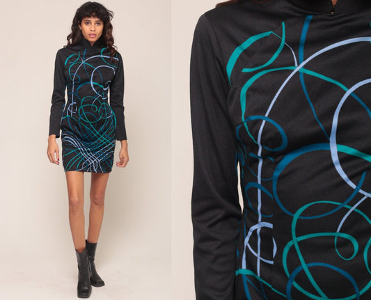 70s Cheongsam Mini Dress Black Swirl Print Mandarin Collar Long Sleeve Extra Small