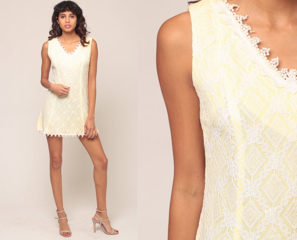 70s Yellow White Lace Cutout Shift Dress Sleeveless Micro Mini Small