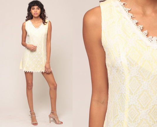70s Yellow White Lace Cutout Shift Dress Sleeveless Micro Mini Small