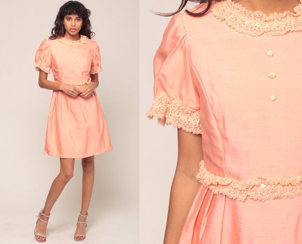 60s Pink Mini Dress Puff Sleeve Bow Back Lace Trim Small