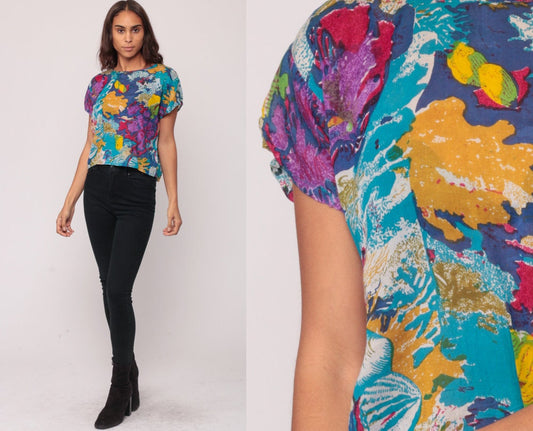 90s Under The Sea Graphic Tee Seashell Clam Print Semi-Sheer Medium