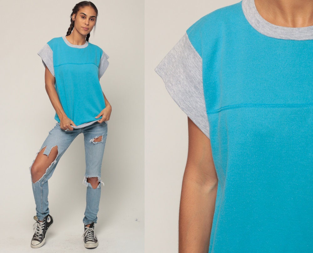 80s Turquoise Ringer Sweatshirt Short Sleeve Slouchy Crewneck Extra Large XXL