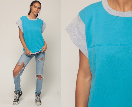 80s Turquoise Ringer Sweatshirt Short Sleeve Slouchy Crewneck Extra Large XXL