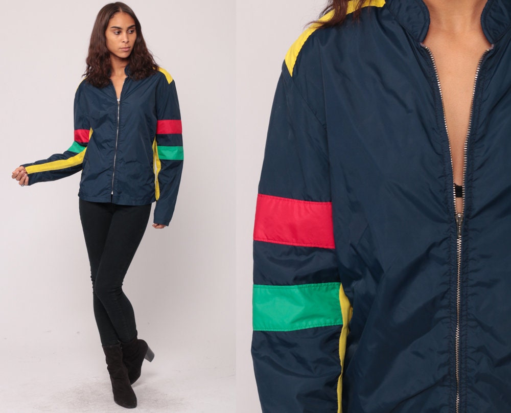 70s Roffe Windbreaker Jacket Navy Striped Lightweight Unisex Extra Small