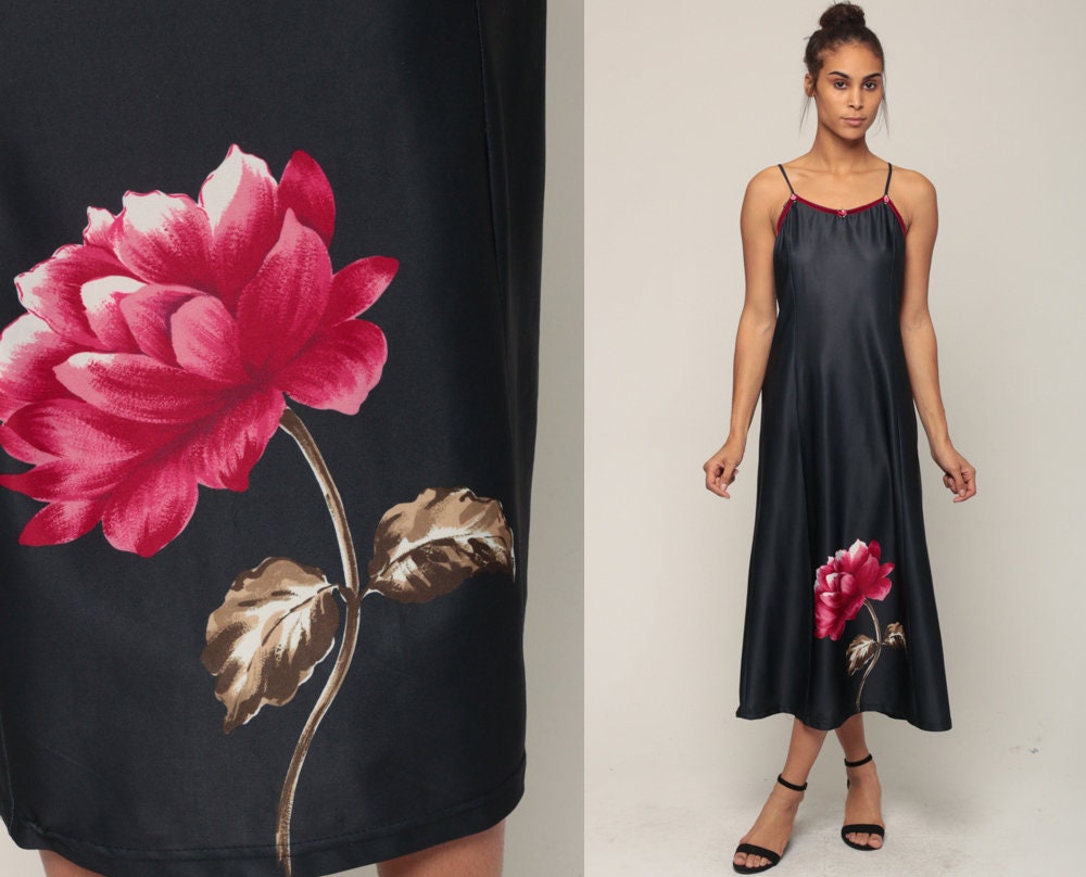 90s Black Floral Midi Dress Lace-Up Corset Back Spaghetti Strap Small