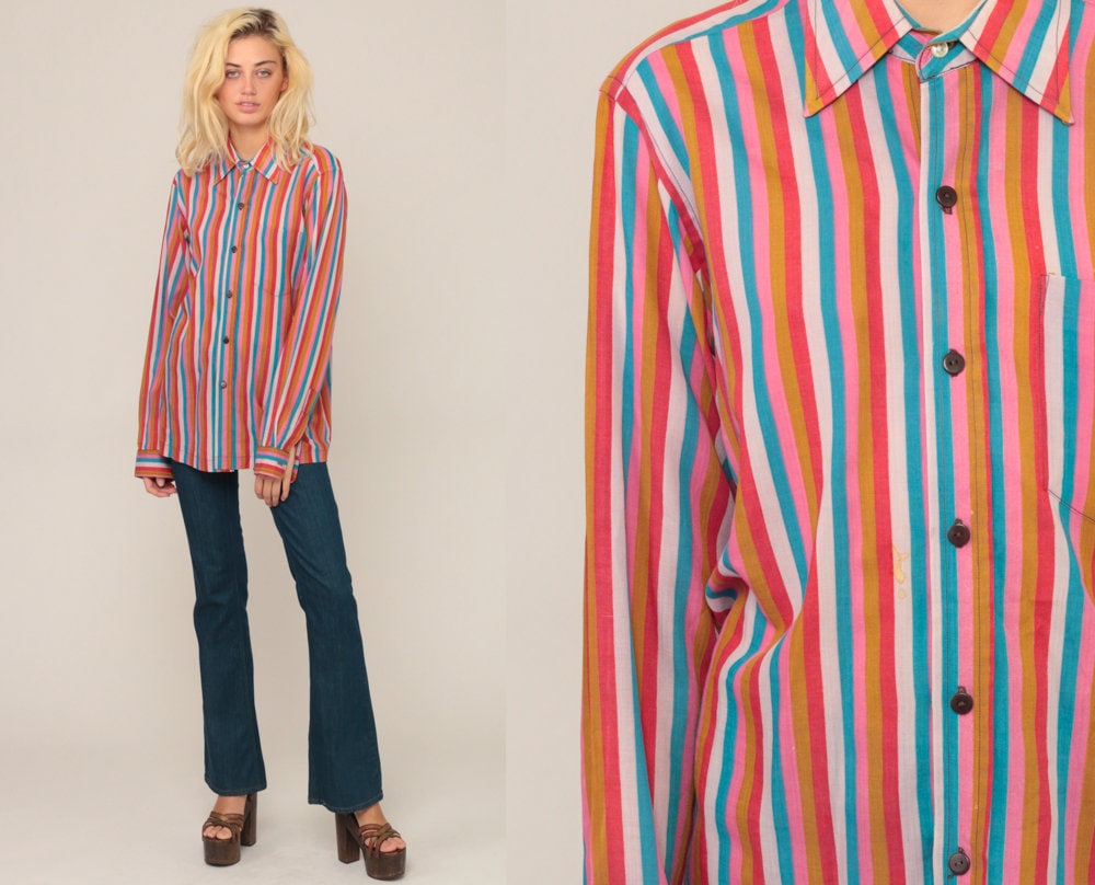 70s Striped Long Sleeve Button Up Blouse Rainbow Print Medium Large