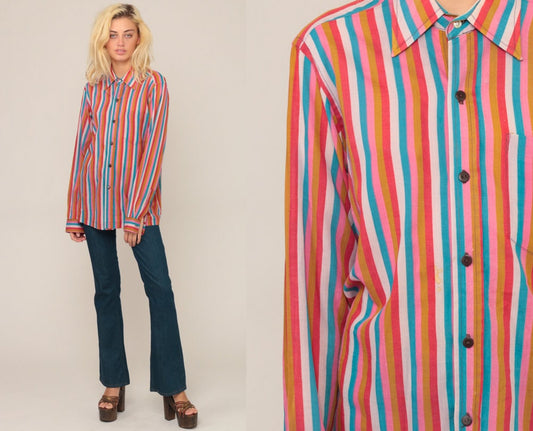 70s Striped Long Sleeve Button Up Blouse Rainbow Print Medium Large