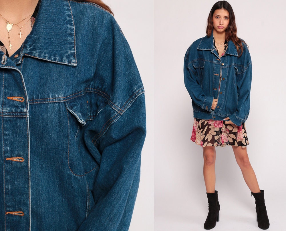 80s Blue Stone Wash Denim Jacket Unisex Button Up Extra Large