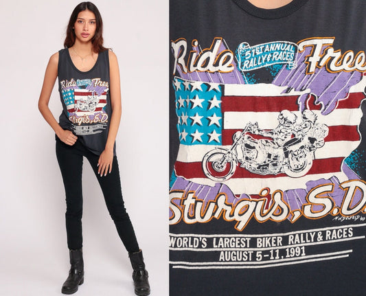 1991 Sturgis Biker Tank Top Ride Free Motorcycle Rally Grey Unisex Extra Large